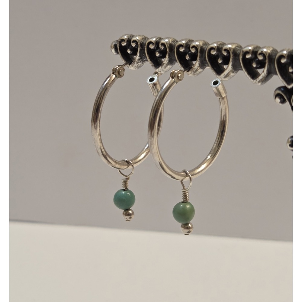 Vintage Sterling Silver Hoop Earrings Handmade Gemstone Dangle Bead Southwestern
